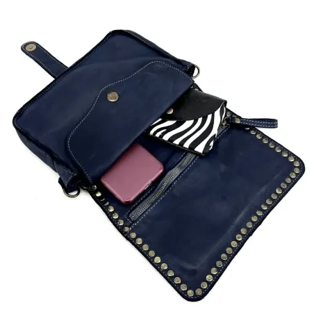 Mini-sac bandoulière besage messager très tendance en cuir souple plein fleur vintage délavé bleu marine