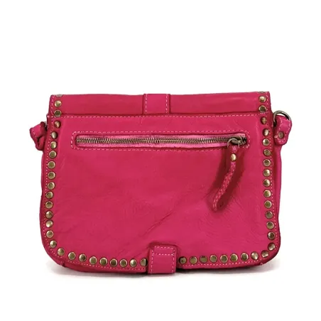 Mini-sac messenger en cuir vintage souple délavé porté bandoulière très tendance rose fuschia une poche zippée au dos