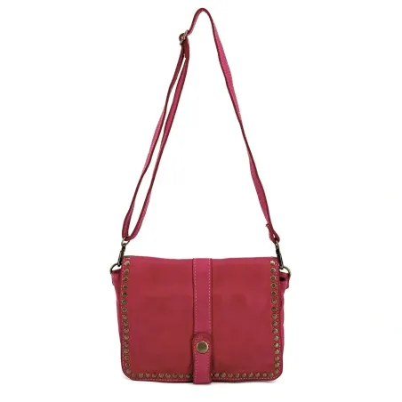 Sac besage messenger en cuir vintage souple délavé used look avec bandoulière amovible et reglable fuchsia revers clouté