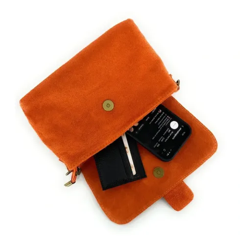 sac bandoulière trotteur fabriqué en italie en cuir suédé orange femme mode