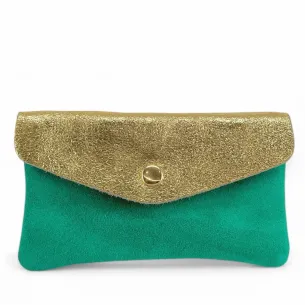pochette porte-cartes femme en cuir vert menthe pur vachette irisé et daim
