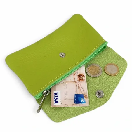 pochette porte-monnaie pur vachette italien femme vert anis en cuir grainé