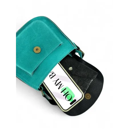 sac besace tendance femme en cuir nubuck pur vachette bleu turquoise