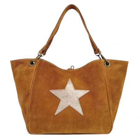 sac cabas en croute de cuir marron camel foncé