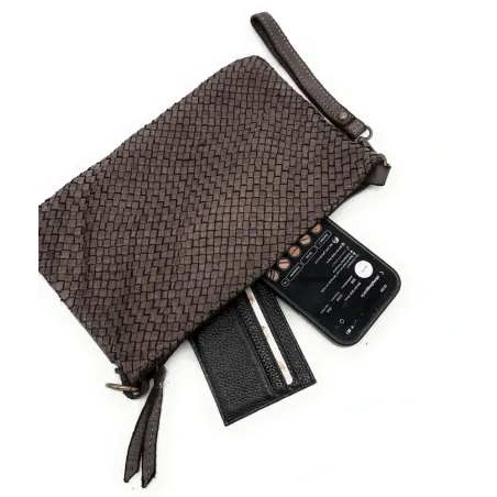 Sac à main pochette à bandoulière en cuir vintage tressé pour femme fabriqué en Italie choco