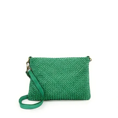 sac pochette femme en cuir vintage vert intense tressé fabriqué en italie avec bandoulière