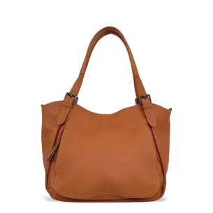 Sac à main tendance femme en cuir lisse italien porté épaule cognac