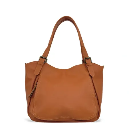 Sac à main tendance femme en cuir lisse italien porté épaule cognac