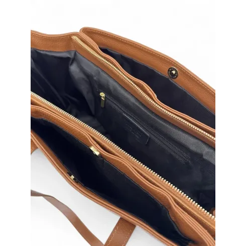 grand sac cabas marron camel foncé en cuir grainé pur vachette femme