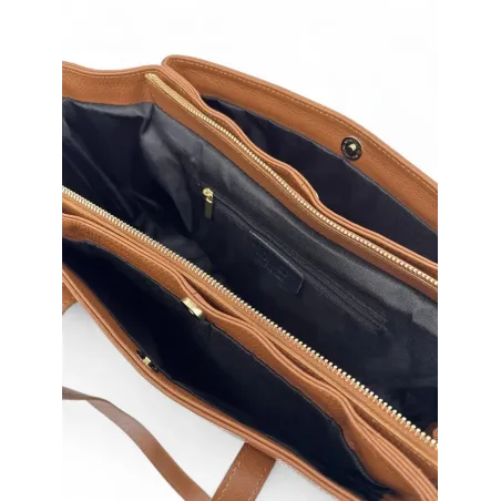 grand sac cabas marron camel foncé en cuir grainé pur vachette femme