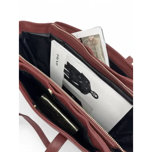 sac à main type cabas rouge bordeaux en cuir grainé femme tendance