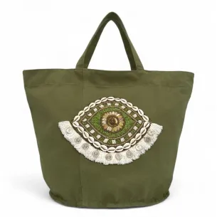 grand sac de plage pour femme en coton vert kaki à motifs