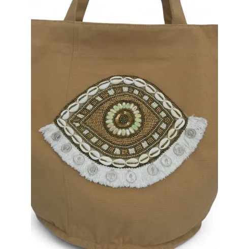cabas pour femme tendance en coton beige taupe avec perles