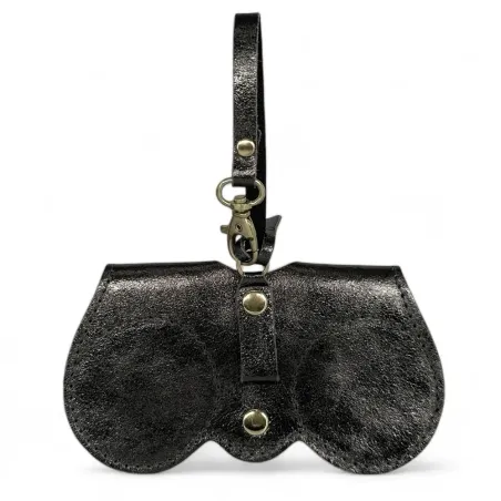 Etui à lunettes tendance en cuir métallisé argent foncé haut de gamme