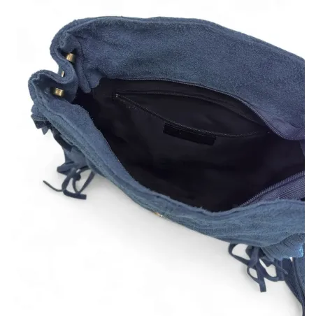 sac femme made in italy bleu profond en croûte de cuir avec franges