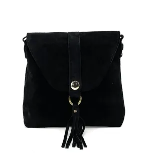 Besace à bandoulière en cuir nubuck noir pur de vachette pour femme