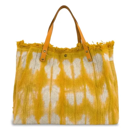 Sac cabas mode femme en tissu et cuir porté main jaune