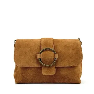 sac à main pochette marron camel en cuir nubuck avec bandoulière pour femme