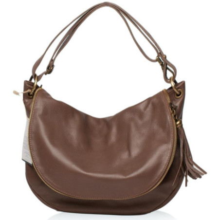 Sac bandoulière tendance femme en cuir italien lisse porté épaule de travers et bandoulière taupe foncé