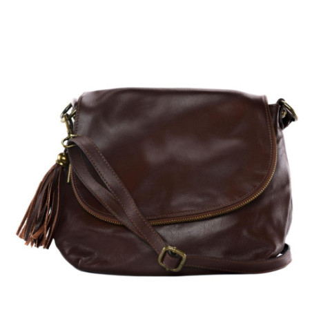 Sac bandoulière tendance femme en cuir lisse porté épaule et bandoulière marron moyen