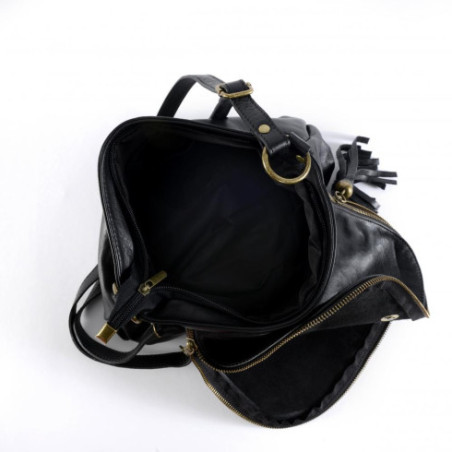 Sac tendance femme en cuir italien lisse porté épaule de travers et bandoulière noir
