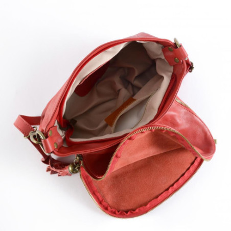 Sac bandoulière très tendance femme en cuir italien pur cuir de vachette porté bandoulière rouge clair