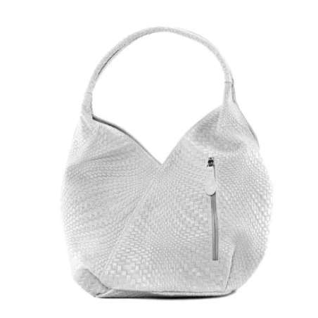 Sac hobo femme très tendance en cuir à motif tressés porté épaule blanc