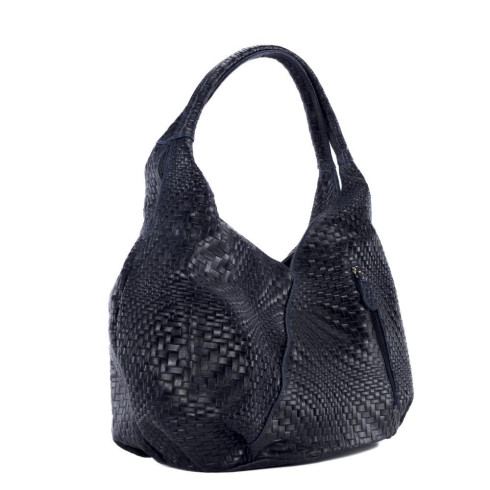 Sac hobo femme tendance en cuir embossé tressage porté épaule avec deux anses bleu foncé