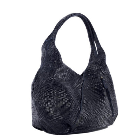 Sac hobo femme tendance en cuir embossé tressage porté épaule avec deux anses bleu foncé