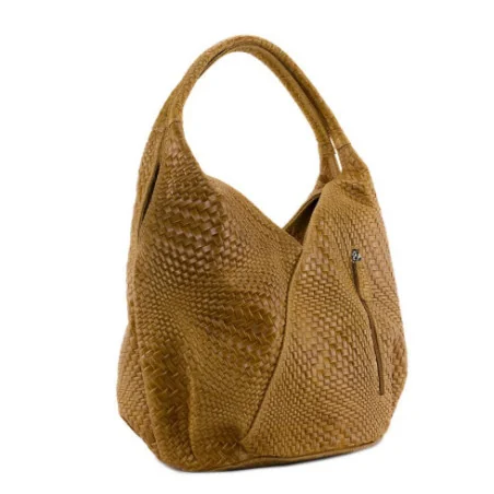 Sac à main femme tendance en cuir embossé tressage porté épaule cognac