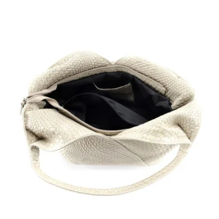 Sac très tendance femme en cuir à motif tressés porté épaule taupe clair sac hobo