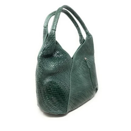 Sac à main tendance femme en cuir à motif tressés porté épaule vert sapin
