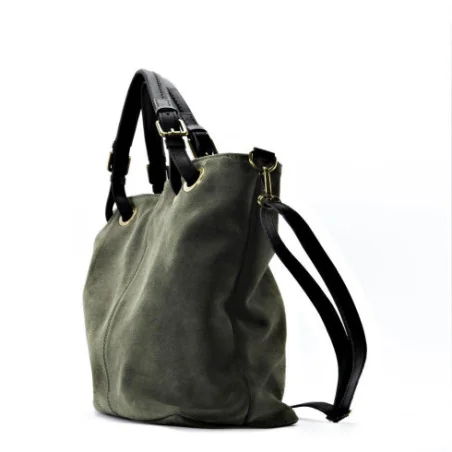 Sac très tendance femme en cuir nubuck porté épaule avec bandoulière amovible kaki foncé