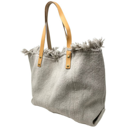Sac cabas tendance femme en tissu et cuir porté épaule beige