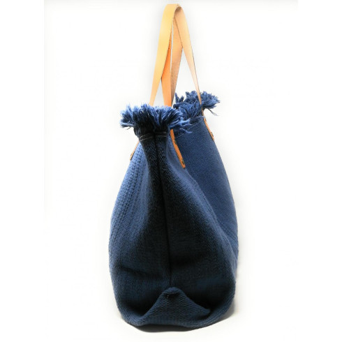 Sac cabas tendance femme en tissu et cuir porté épaule bleu jeans