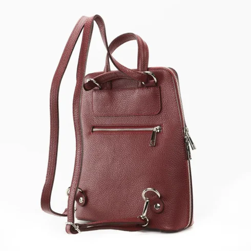 Sac à dos femme tendance en cuir grainé porté dos avec bretelles amovibles rouge bordeaux