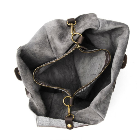 Sac à main tendance femme en cuir porté main épaule de travers et bandoulière gris clair