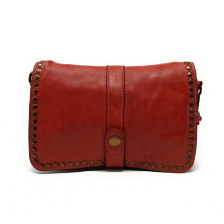 Sac besage à bandoulière en cuir vintage délavé italien haut de gamme détails métalliques laitonnés rouge clair intérieur tissu