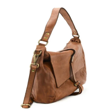 Sac à main femme type messager en cuir souple marron cognac