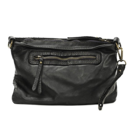 Sac poignet noir en cuir délavé souple tressé pur de vachette avec bandoulière et dragonne