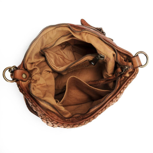 Trousse pochette pour femme en cuir tressé vintage pur vachette fabriqué en Italie couleur cognac
