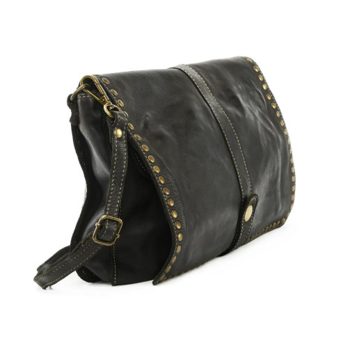 Sac femme besage messager à bandoulière en cuir souple délavé  used look haute de gamme intérieur tissu laitonné noir