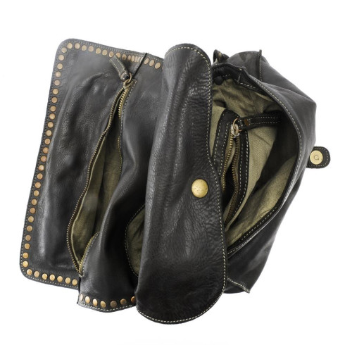 Sac femme  messenger porté bandoulière épaule en cuir italien véritable délavé pur vachette haute de gamme noir revers clouté