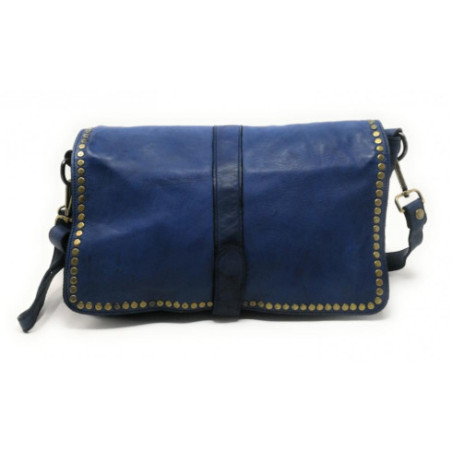 Sac besage messager à bandoulière en cuir vintage souple pleine fleur délavé haute de gamme intérieur tissu clous bleu jeans