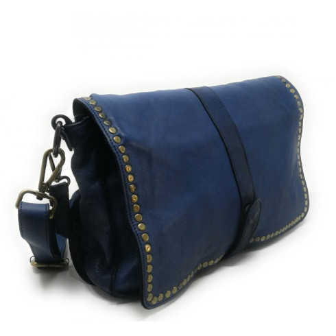 Sac femme besage messager à bandoulière en cuir souple délavé  used look haute de gamme intérieur tissu laitonné bleu jean
