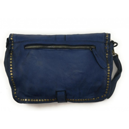Sac femme  messenger porté bandoulière épaule en cuir pleine fleur délavé  used look haute de gamme bleu denim revers clouté