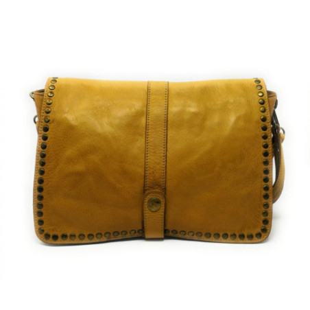Sac besage messager à bandoulière en cuir vintage souple pleine fleur délavé haute de gamme intérieur tissu clous jaune moutarde