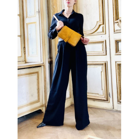Sac femme besage messager à bandoulière en cuir souple délavé  used look haute de gamme intérieur tissu laitonné jaune moutarde