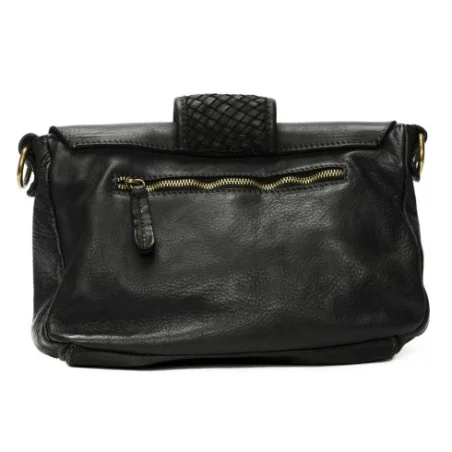 Sac baguette mode femme très tendance haut de gamme en cuir souple vintage délavé noir finitions métalliques laitonnées