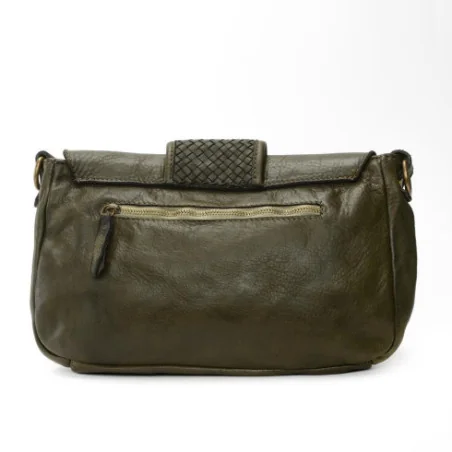 Grand sac a main femme baguette porté épaule en cuir vintage souple délavé avec bandoulière amovible et reglable kaki
